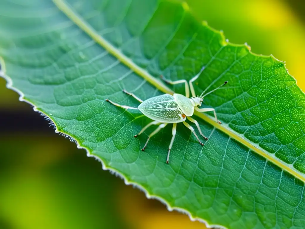 Vibrante hoja verde con colonias de pulgones blancos, ladybugs y rocío, reflejando la sinergia entre plantas e insectos