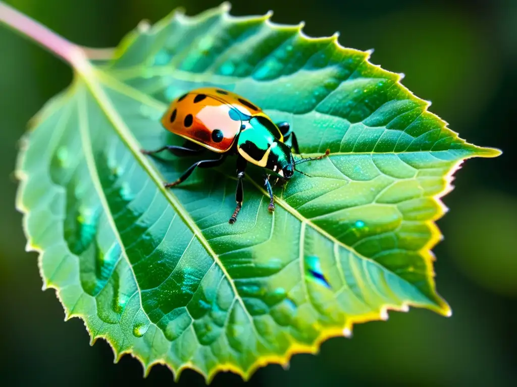 Vibrante hoja verde con escarabajos iridiscentes reflejando la luz del sol, mostrando la sostenibilidad alimentaria de los suplementos de insectos