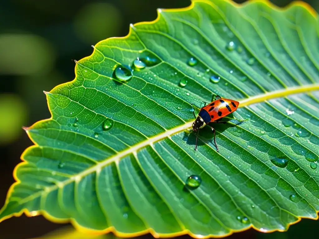 Vibrante hoja verde con gotas de agua y coloridos insectos