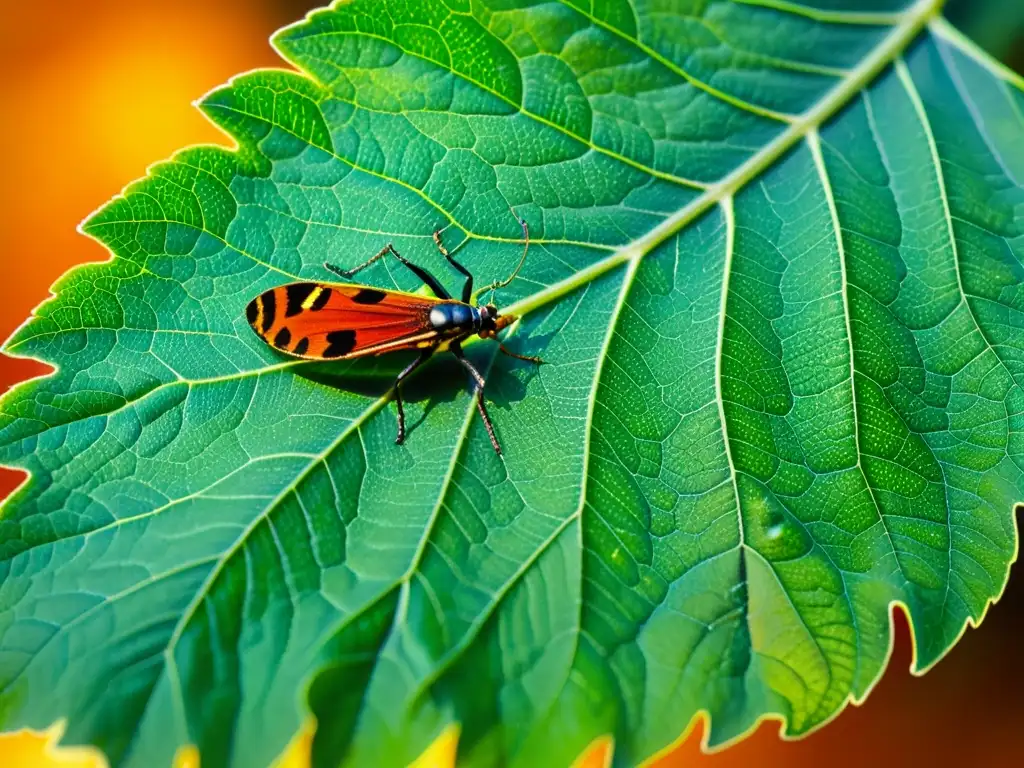 Vibrante hoja verde con insectos en macro