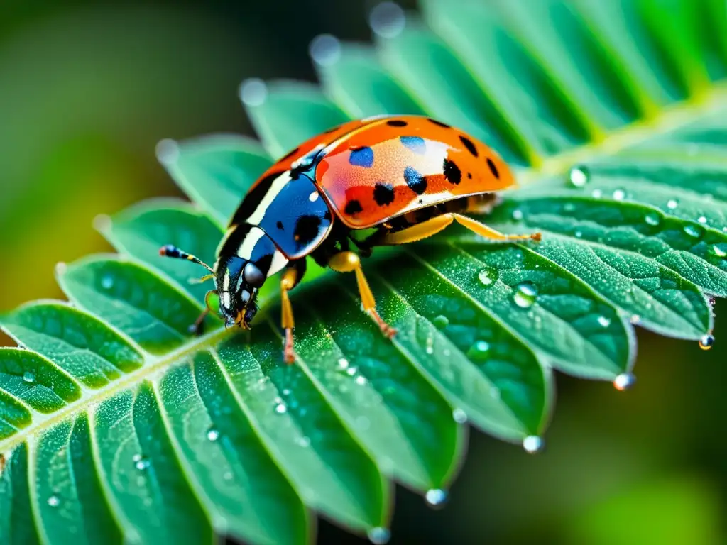 Vibrante hoja verde con insectos y gotas de rocío, muestra la importancia de los insectos como bioindicadores en el ecosistema