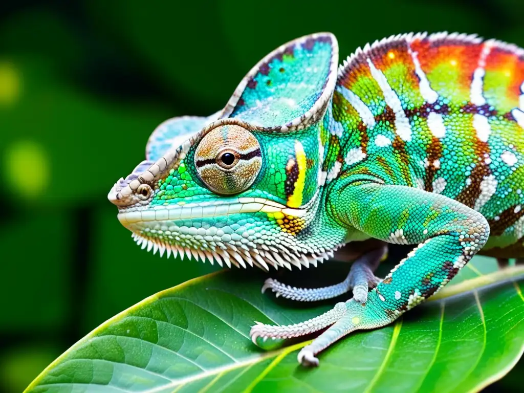 Un camaleón vibrante descansa sobre una hoja verde, mostrando sus pigmentos y texturas