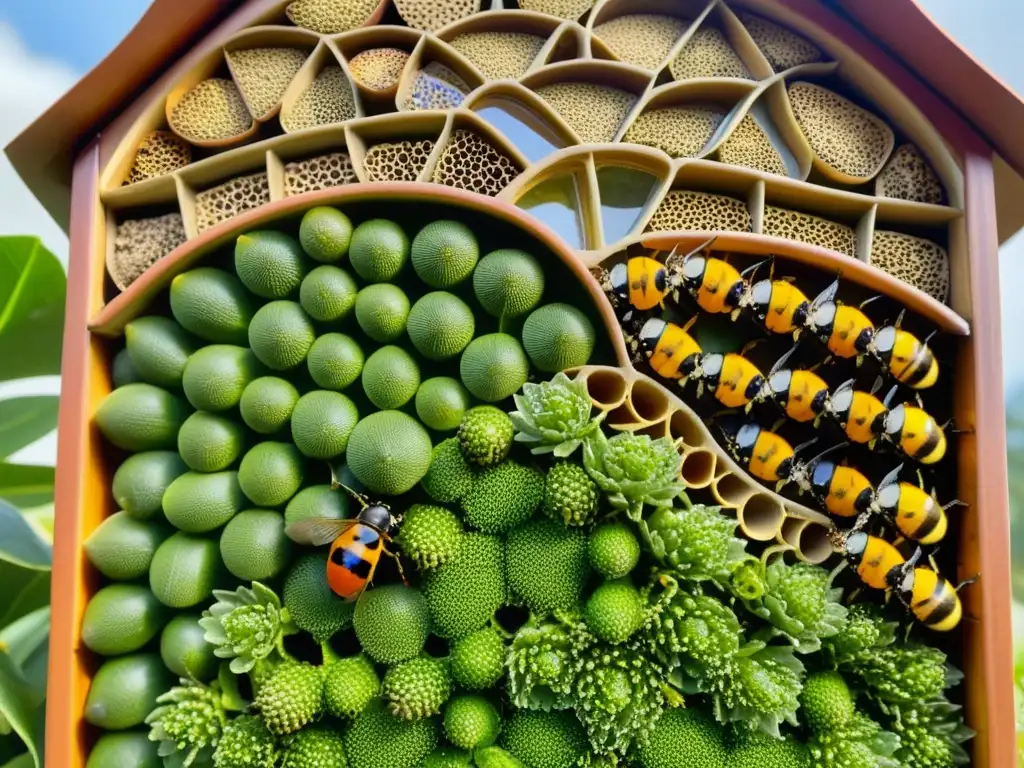 Un vibrante hotel de insectos para jardín, tejiendo un ecosistema animado con abejas, mariquitas y mariposas revoloteando entre sus compartimentos