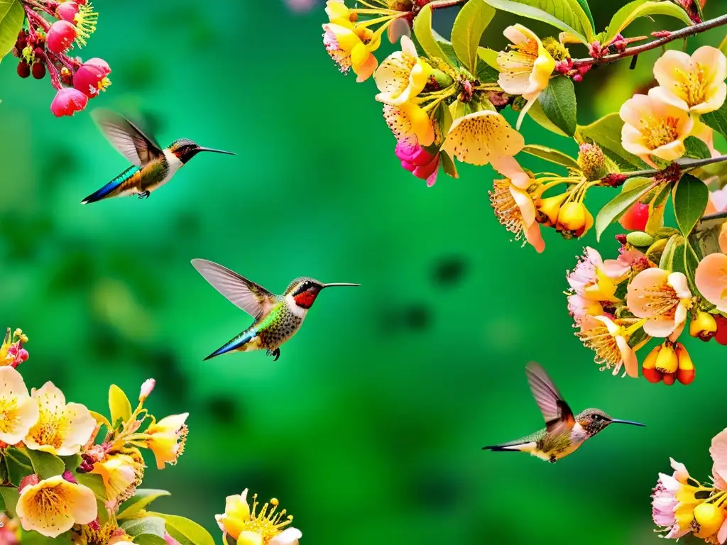 Vibrante huerto verde con polinizadores insólitos alimentos como colibríes, murciélagos, escarabajos y mariposas, interactuando con flores de árboles frutales