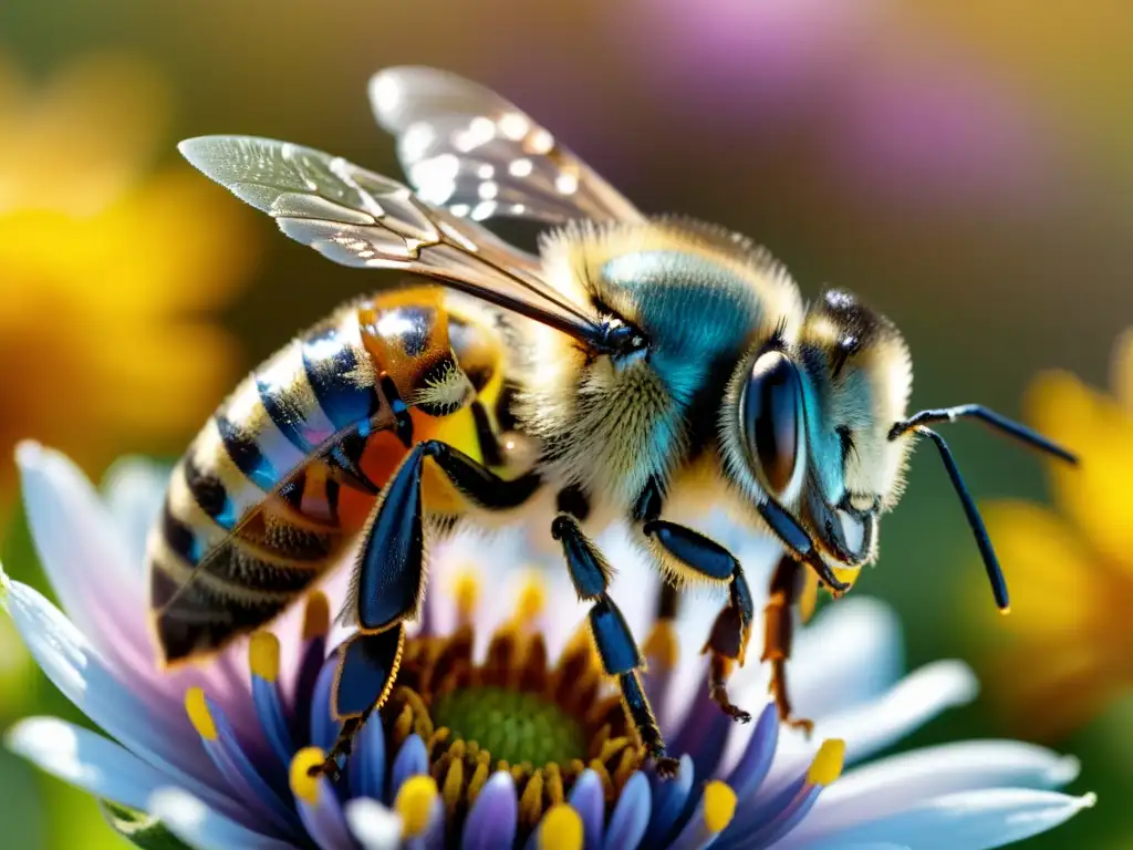 Vibrante imagen en 8k de una abeja en vuelo rodeada de flores con polen, para Animaciones de comportamiento de insectos