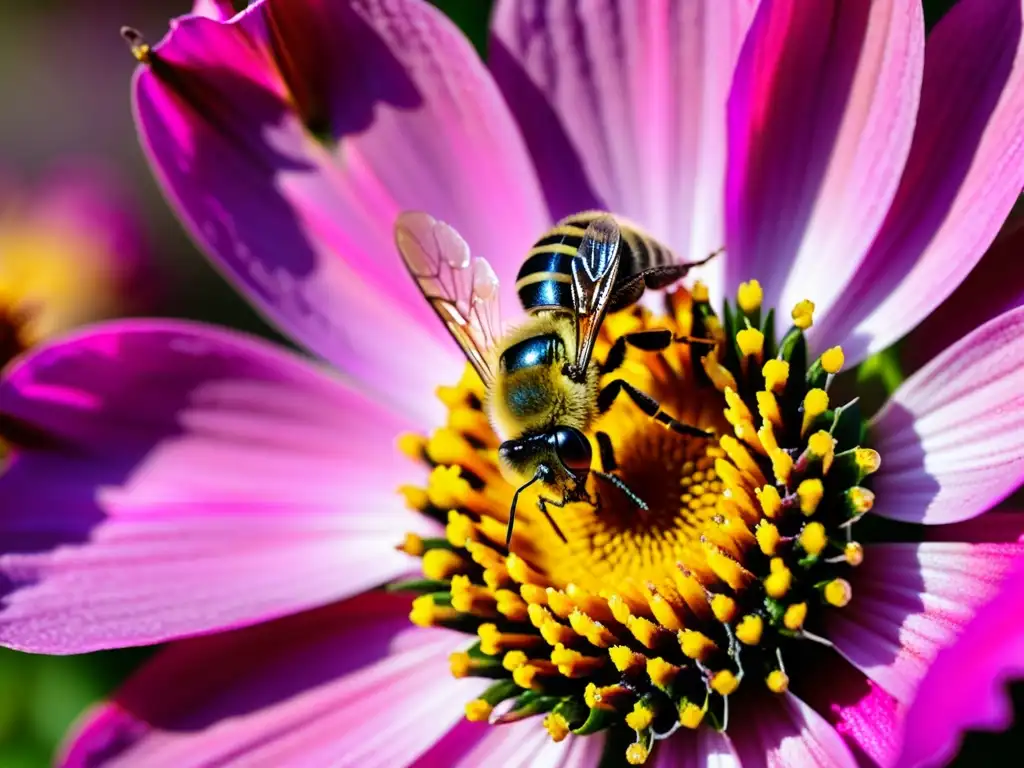 Vibrante polinización: la importancia de las interacciones InsectoPlanta en detalle, con una abeja cubierta de polen amarillo sobre una flor rosa