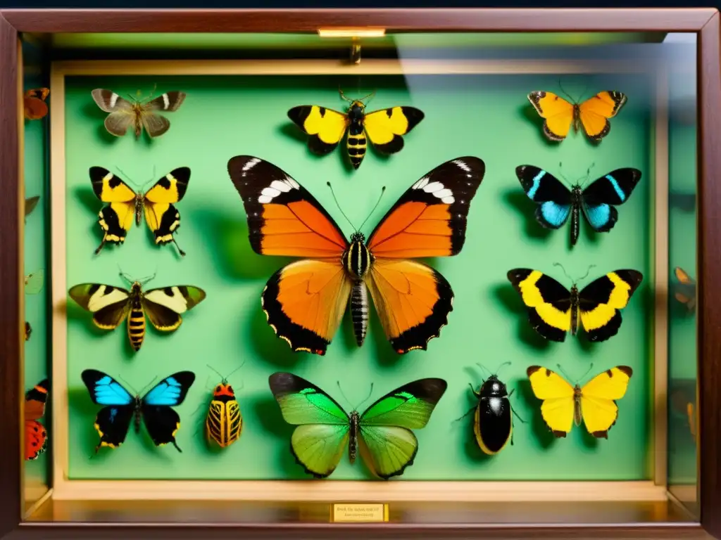 Vibrante colección de insectos exóticos en antiguo mueble, iluminado con calidez, evocando la historia moderna del coleccionismo de insectos