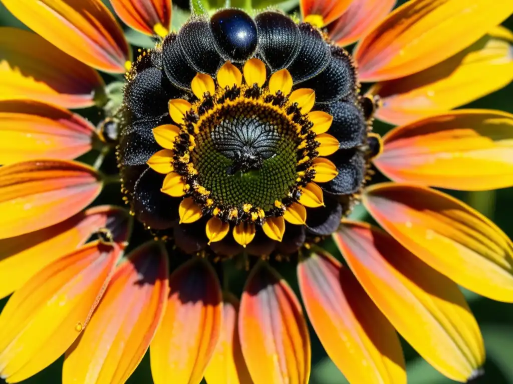 Un jardín vibrante atrae insectos nativos con una imagen macro de una flor de girasol mexicano naranja cubierta de abejas