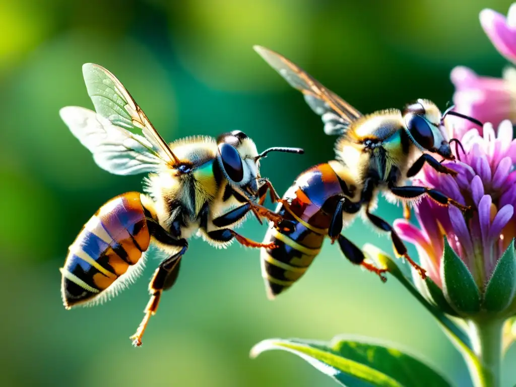 Vibrante comunicación de insectos voladores durante vuelo, con alas iridiscentes y fondo de flores en pleno esplendor