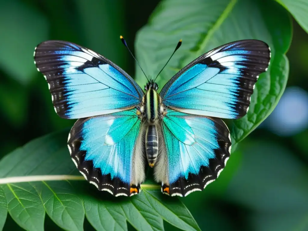 Mariposa vibrante con patrón intrincado descansa en hoja verde