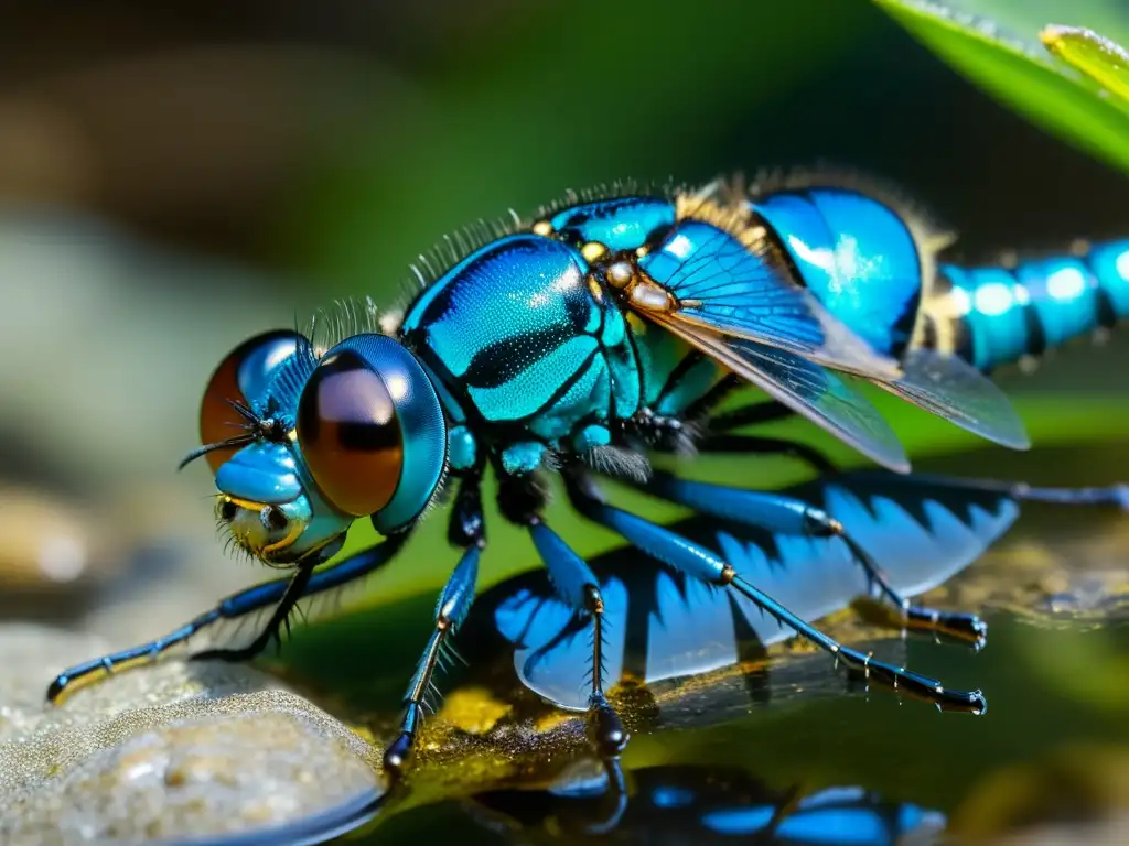 Vibrante larva de libélula azul en hábitat acuático