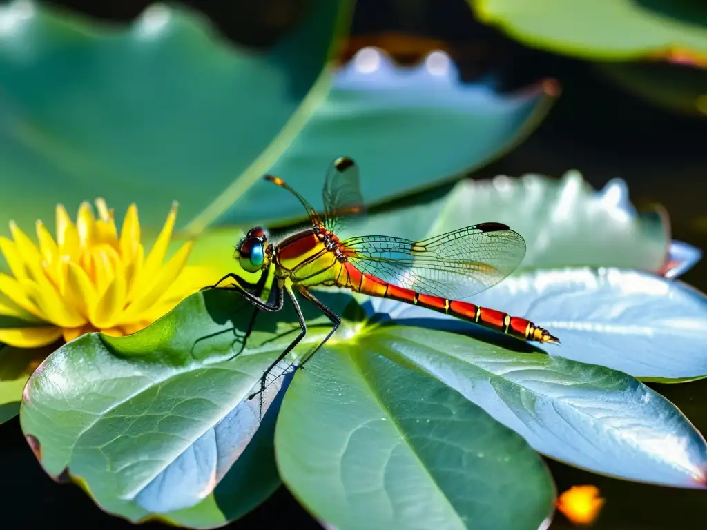 Vibrante libélula posada en hoja de nenúfar, reflejando la fragilidad de insectos amenazados en ecosistemas de agua dulce