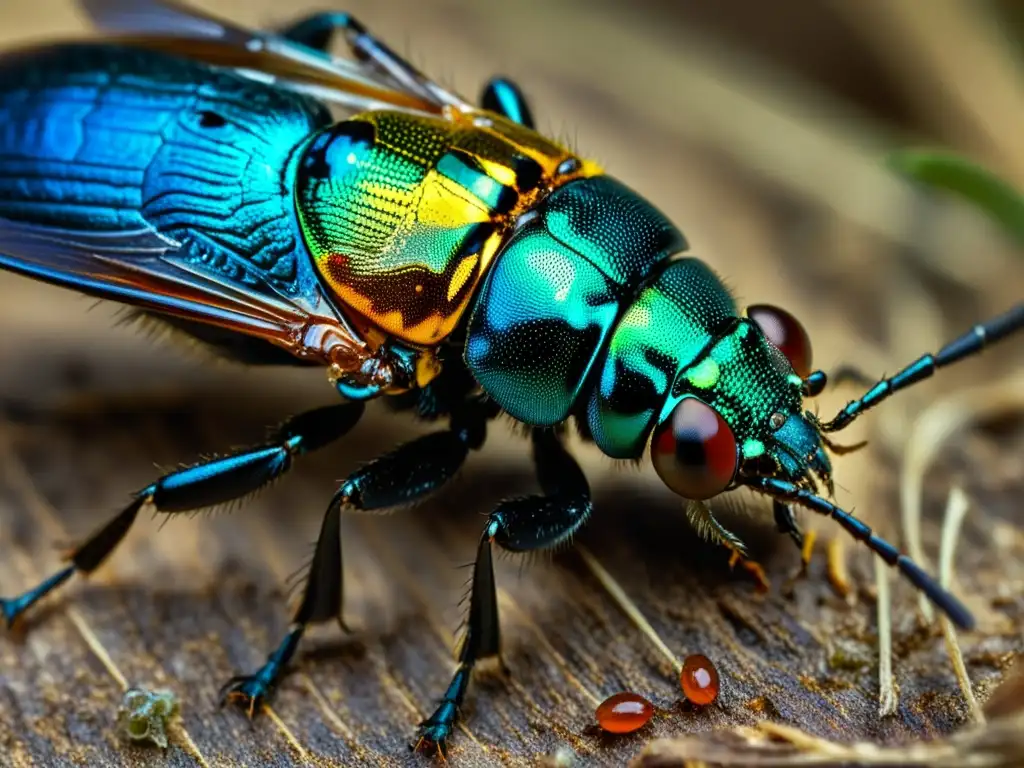 Vibrante macrofoto de insectos en escena de crimen, destacando la entomología forense aprendizaje online