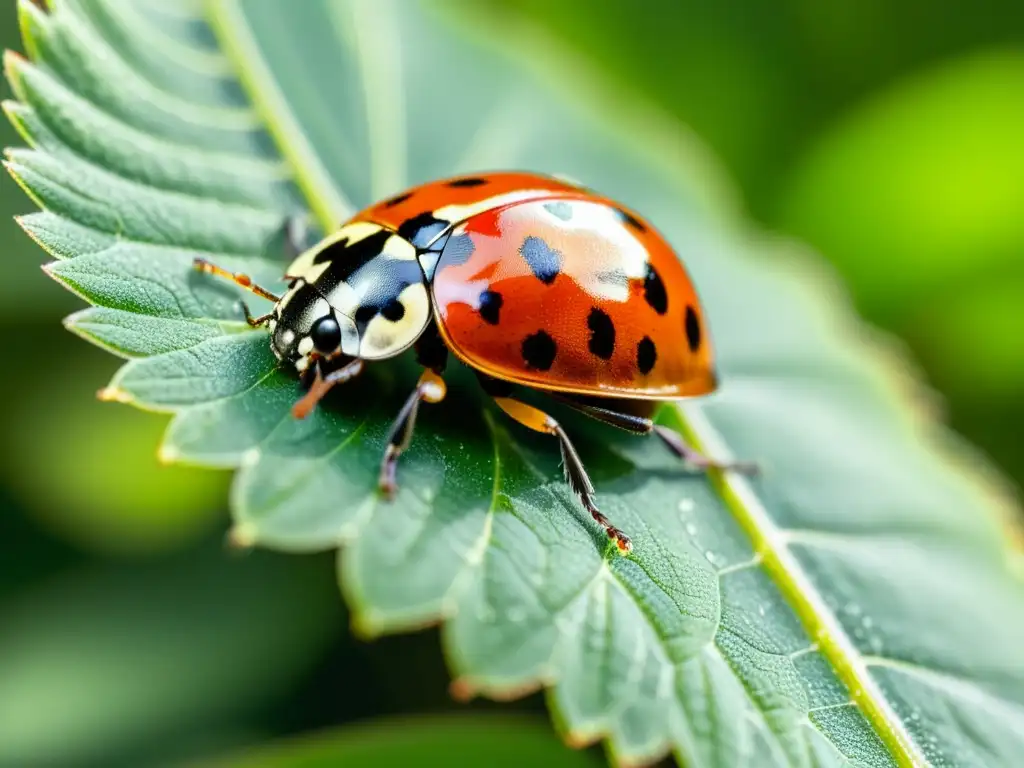 Vibrante mariquita depredadora insectil control biológico, devorando áfidos en hoja verde al sol