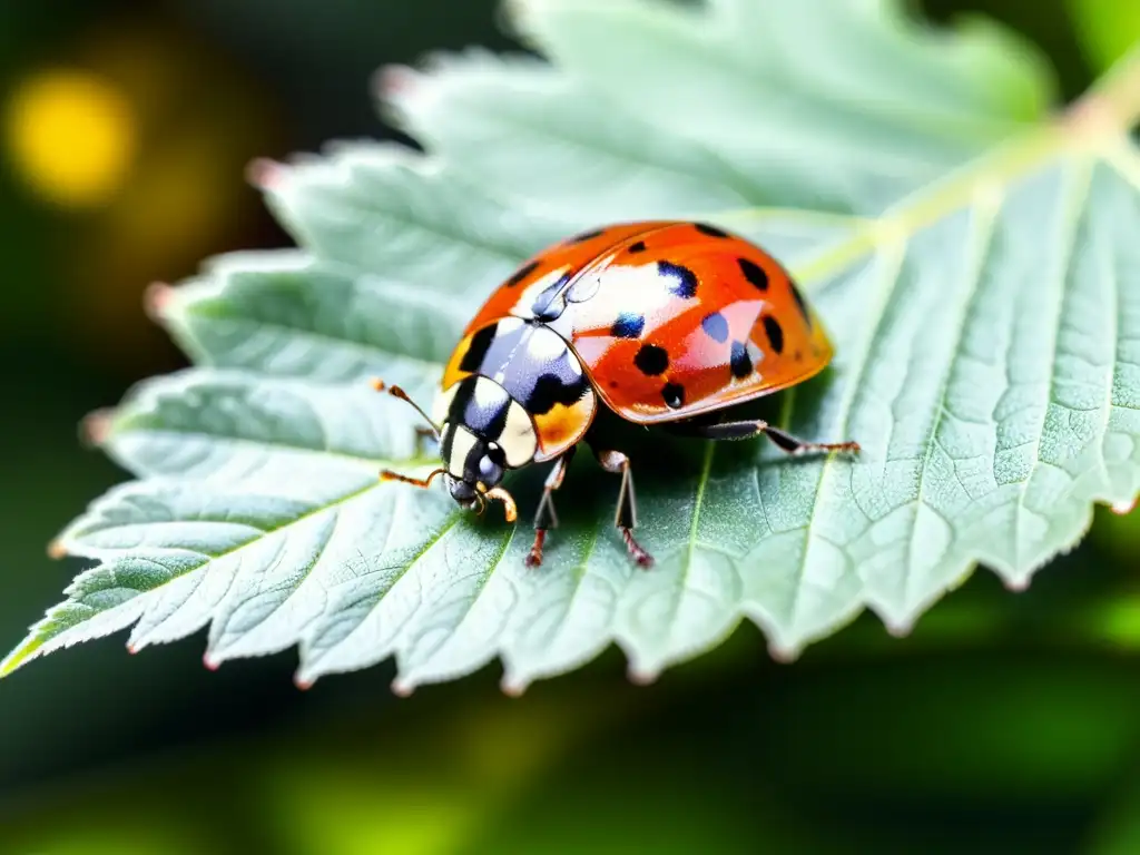 Vibrante mariquita sobre hoja verde, detalle del control ético de plagas de insectos en la naturaleza