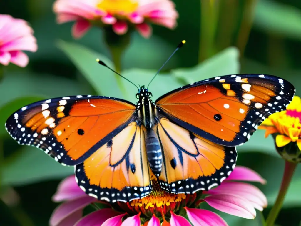 Vibrante mariposa monarca en flor de zinia rosa, resalta la importancia polinizadores ecosistemas globales