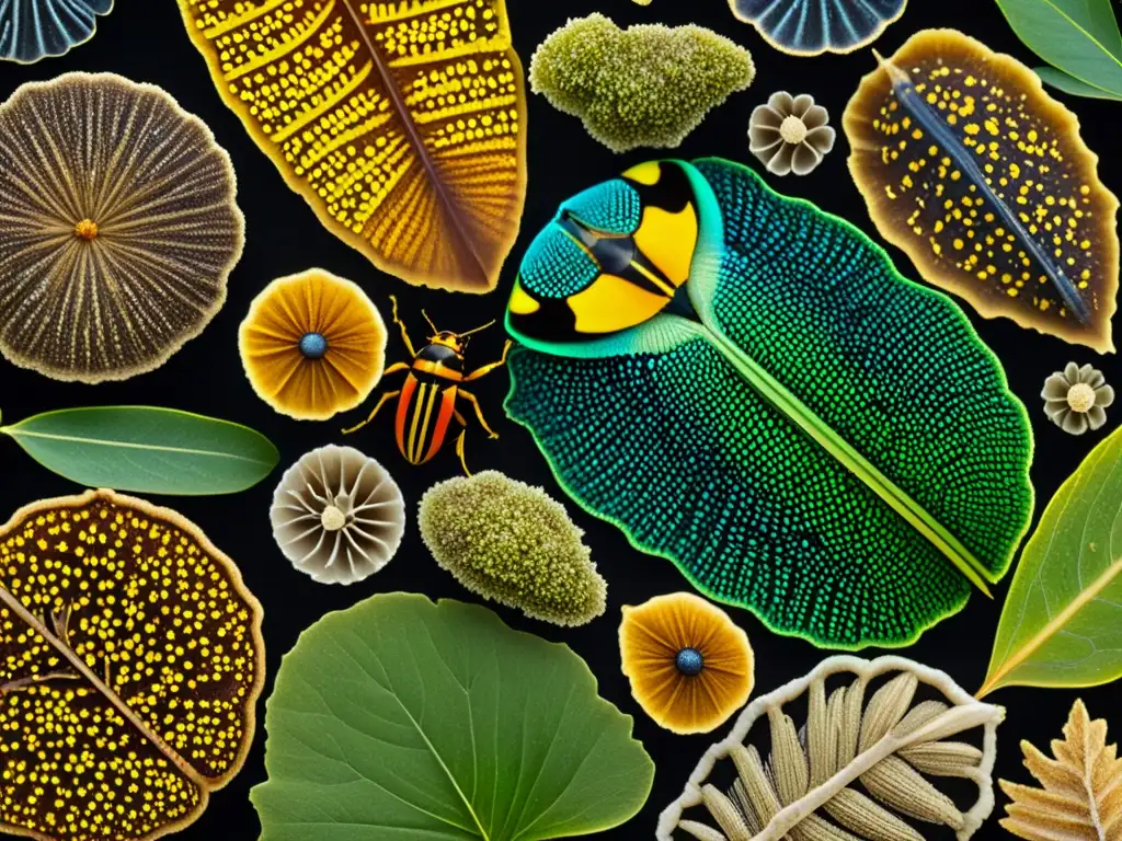 Vibrante mosaico de insectos y microorganismos descomponiendo materia orgánica en el suelo del bosque