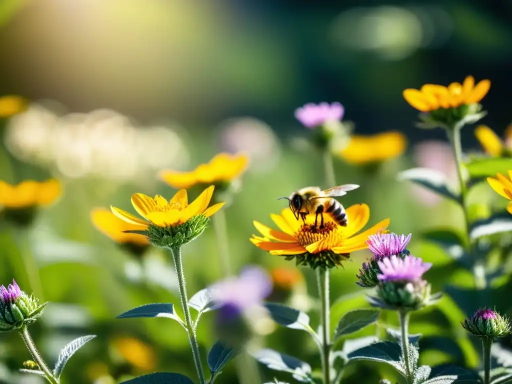 Un jardín vibrante de flores silvestres nativas en plena floración, atrayendo insectos nativos con su belleza y biodiversidad