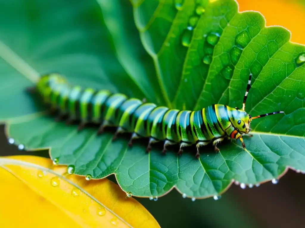 Vibrante oruga verde devorando hoja, muestra la importancia de la evolución en ciclos de vida de insectos