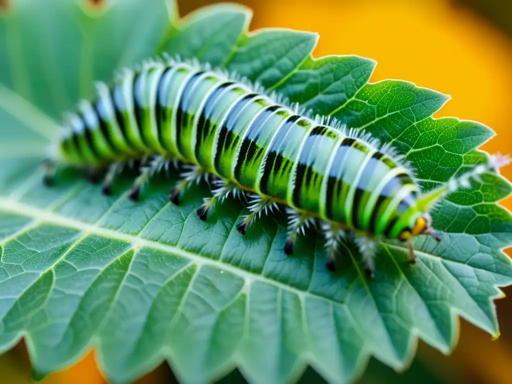 Una vibrante oruga verde con rayas negras y blancas aferrada a una hoja, resaltando la importancia de los insectos en la educación