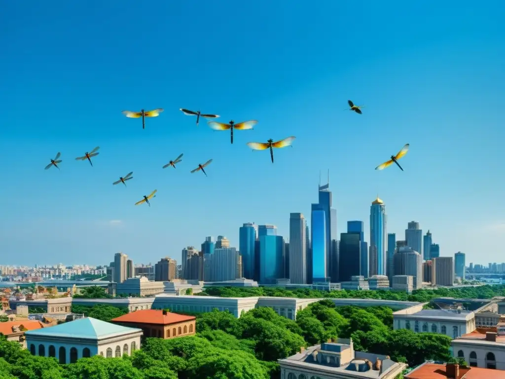 Vibrante paisaje urbano con libélulas coloridas en el cielo azul, capturando la importancia de la calidad del aire en la vida urbana