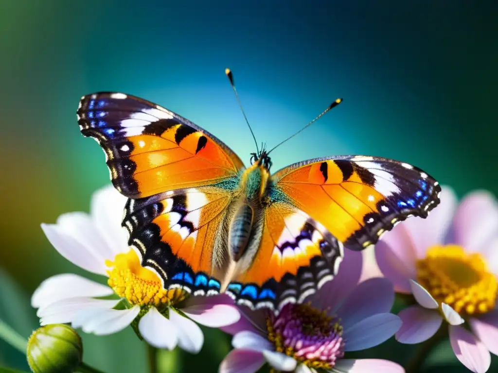 Mariposa vibrante descansa en pétalo, con alas iridiscentes desplegadas y luz solar creando espectro de colores