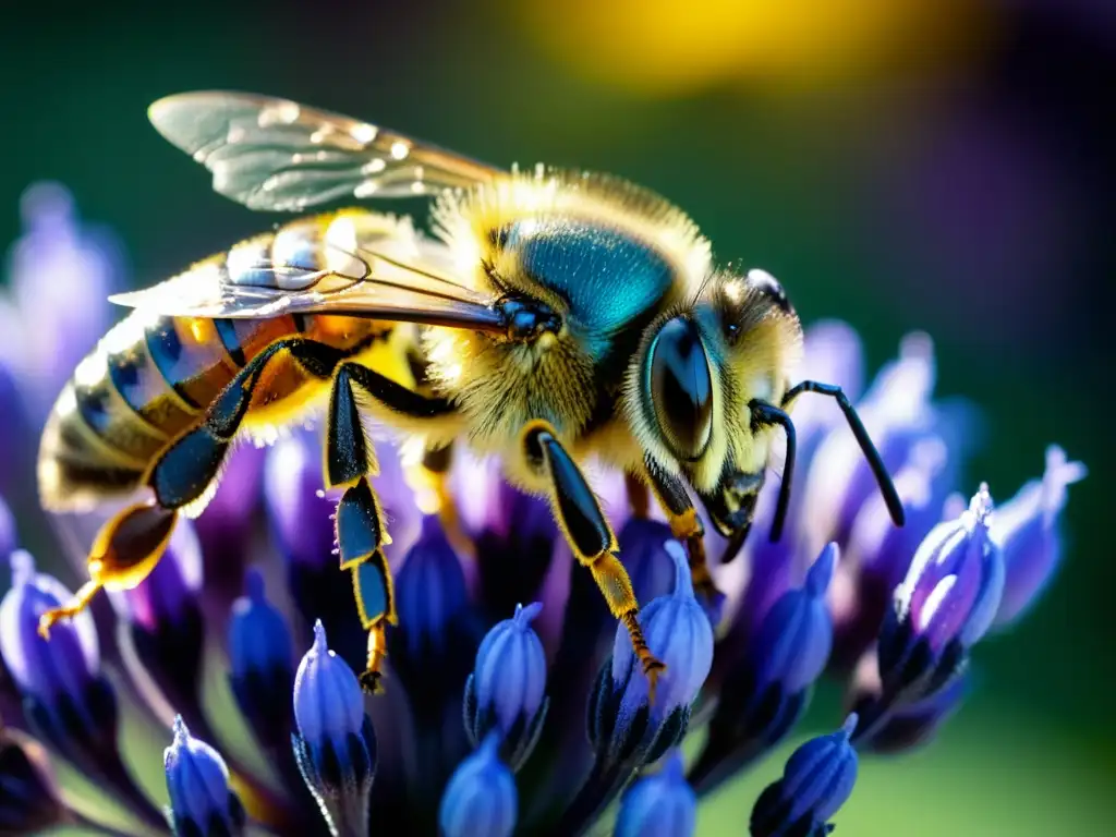 Vibrante polinizador cubierto de polen amarillo sobre flor de lavanda