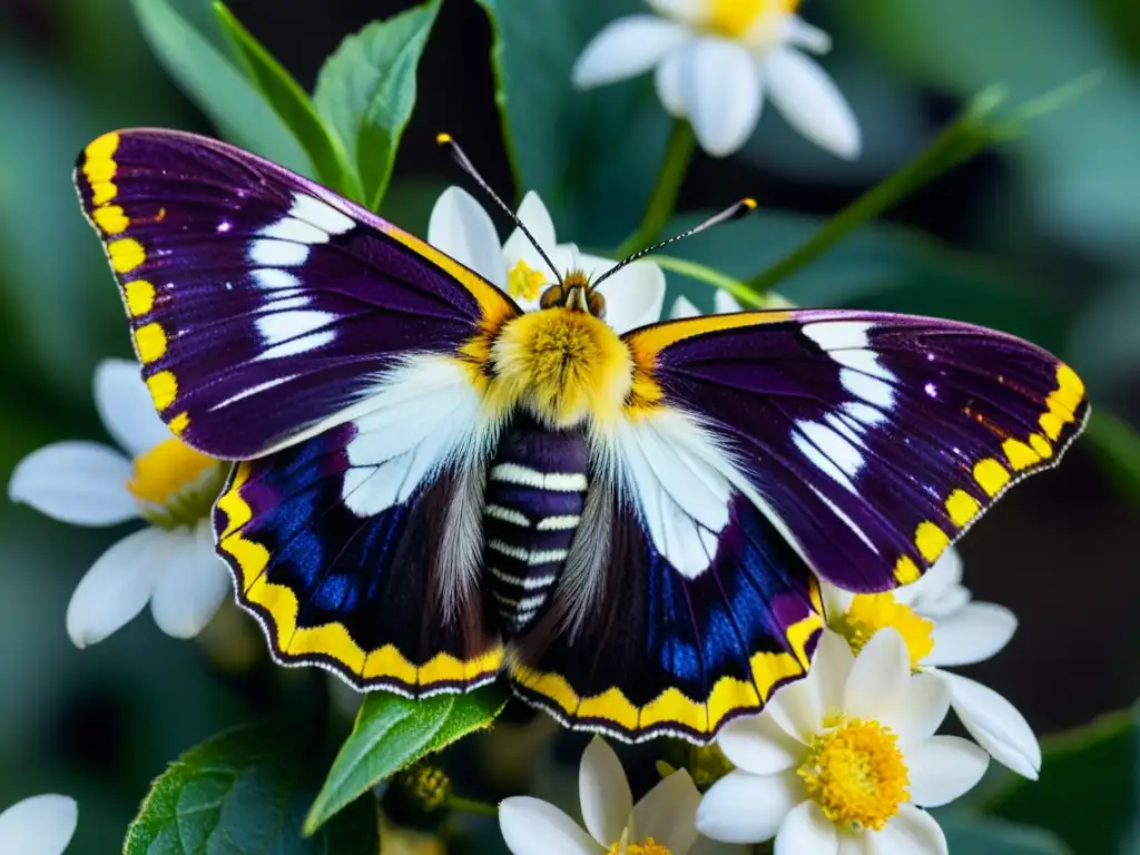 Vibrante polinizador nocturno y delicadas flores resaltados por la luz de la luna