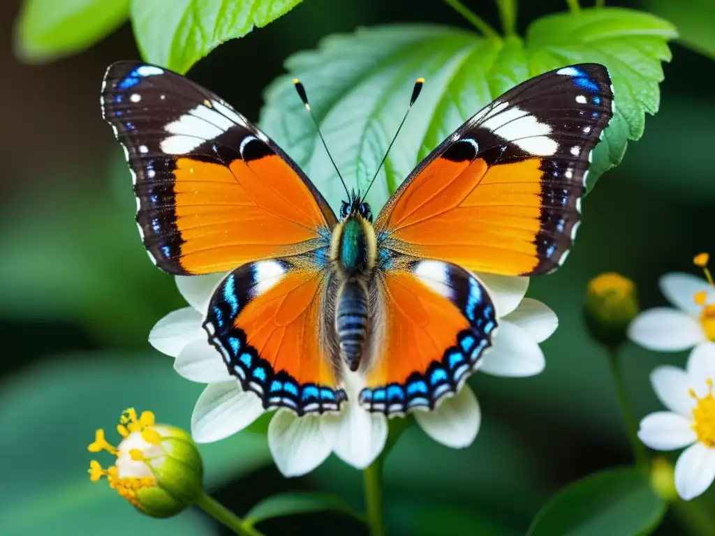 Mariposa vibrante posada en flor detallada, con escamas iridiscentes y alas translúcidas, en contraste con follaje verde