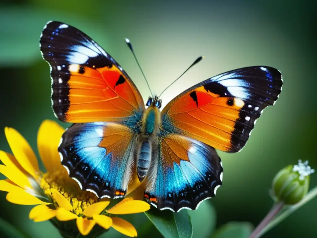 Mariposa vibrante posada en una flor, con detalles asombrosos en sus alas y pétalos