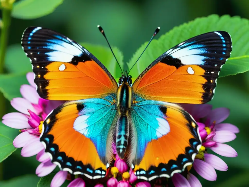 Vibrante mariposa posada en flor, destaca importancia mariposas ecosistema biodiversidad con sus detalles y colores hipnóticos