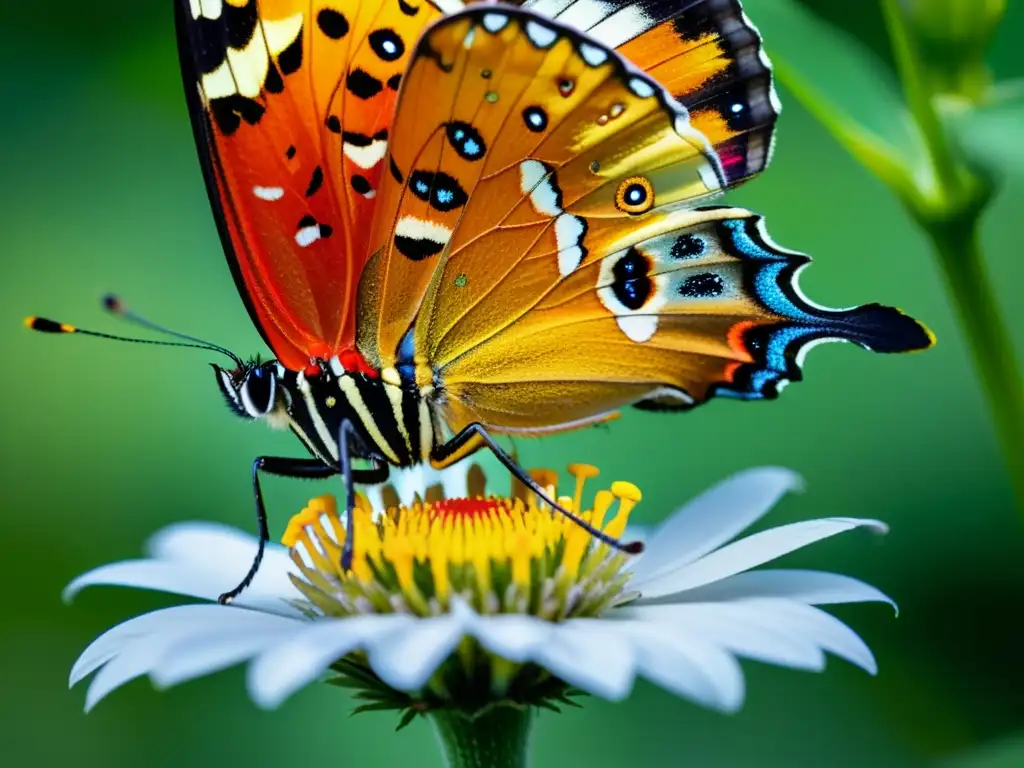 Mariposa vibrante posada en flor, con patrones e colores hipnóticos