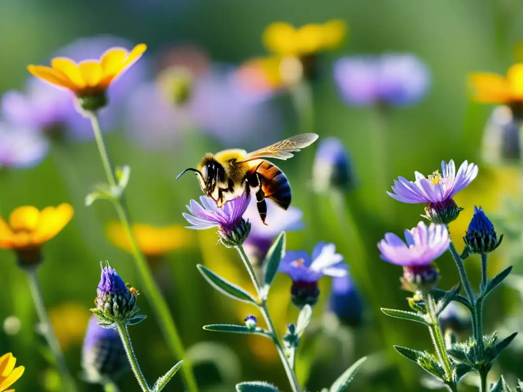 Vibrante pradera de flores silvestres donde insectos interactúan