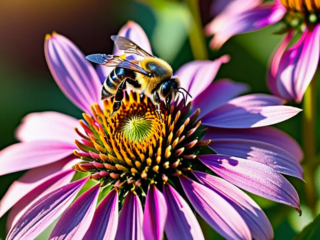 Vibrante coneflower púrpura en jardín soleado, destacando la importancia de los insectos polinizadores en los ecosistemas globales