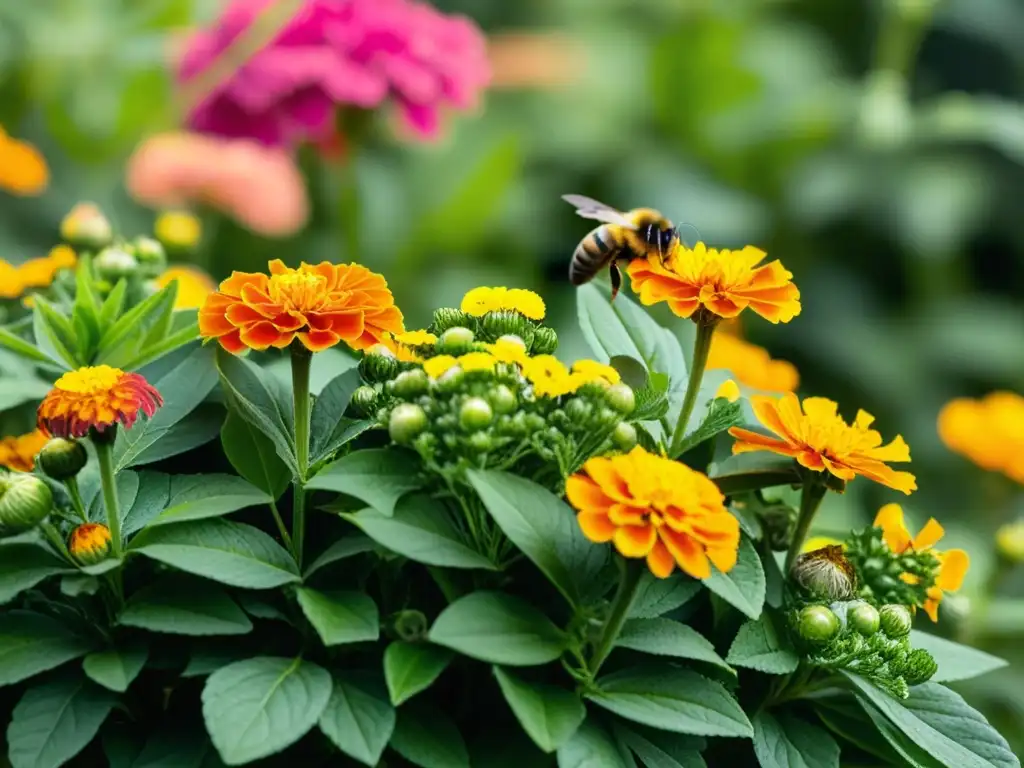 Un jardín vibrante repleto de plantas repelentes de insectos, con maravillosos colores y vida