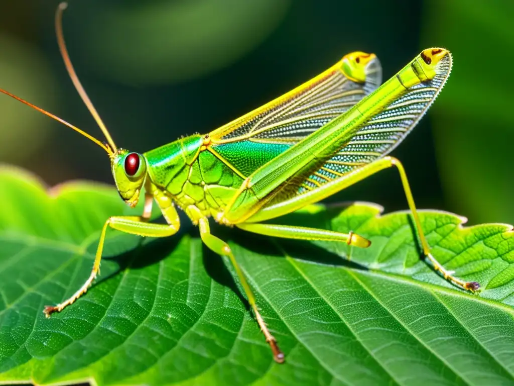 Vibrante saltamontes en hoja, revela la complejidad de insectos