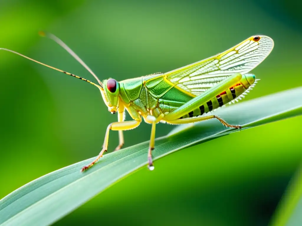 Vibrante saltamontes verde en hoja delgada