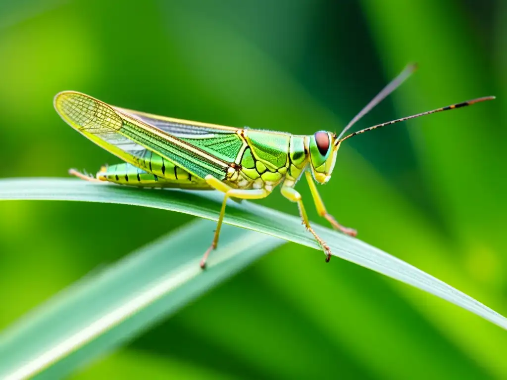 Vibrante saltamontes verde en hoja delicada, detalle fascinante