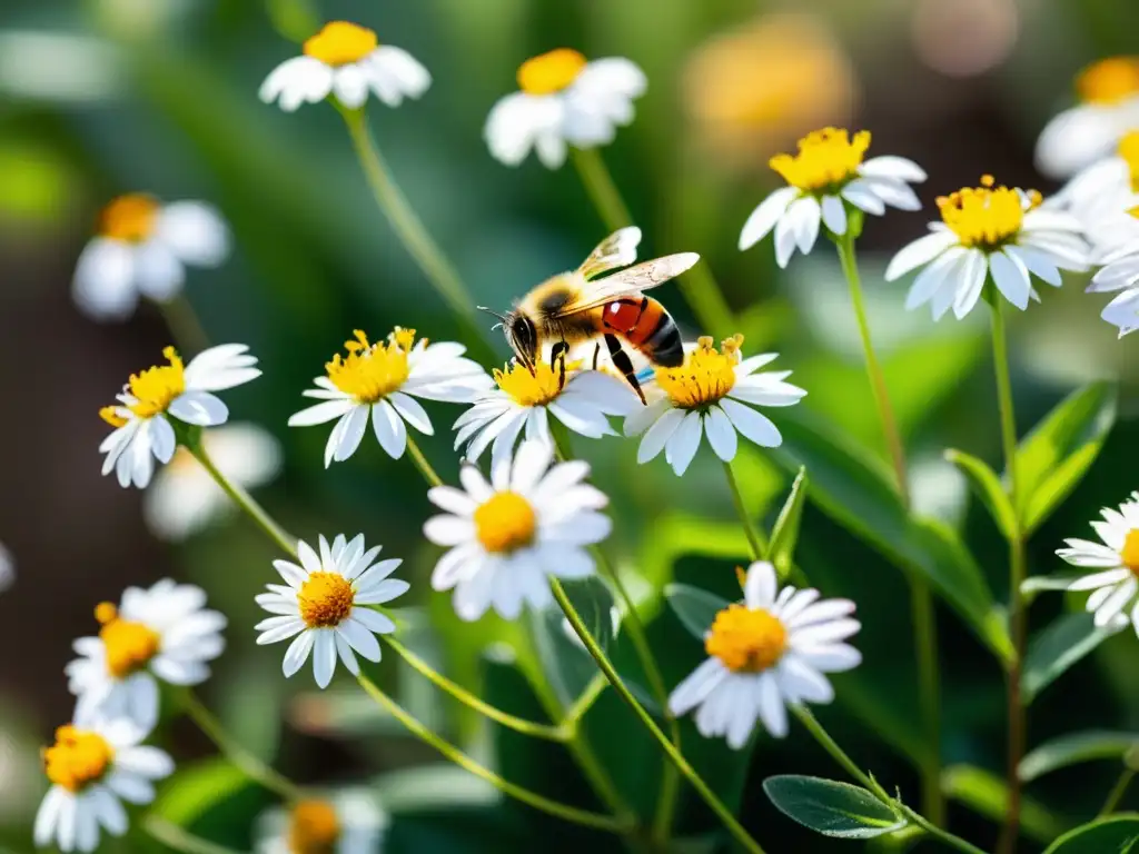 Vibrante jardín con sinergia entre plantas e insectos, destacando la belleza y vitalidad de la naturaleza