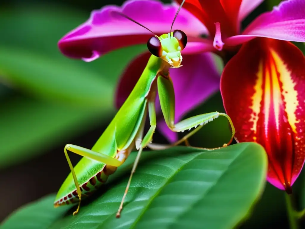 Vibrante mantis orquídea verde en flor fucsia, detallada y delicada