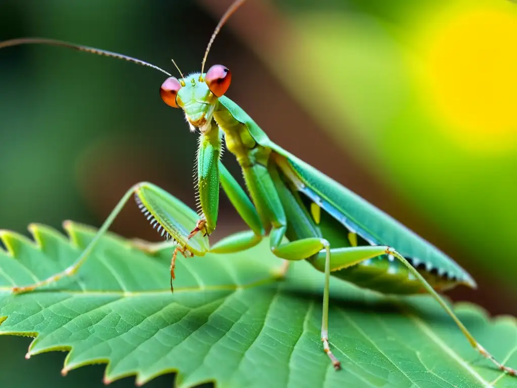 Vibrante mantis verde sobre hoja, expresivos ojos y detalles impresionantes