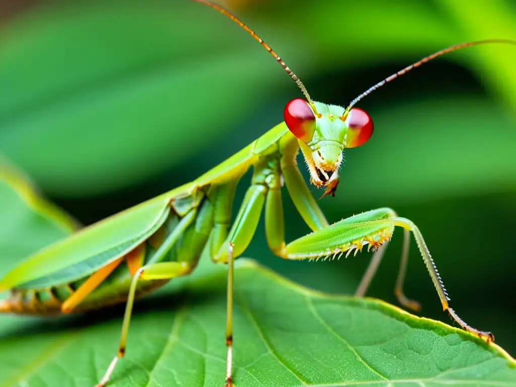 Vibrante mantis verde en postura predadora sobre hoja