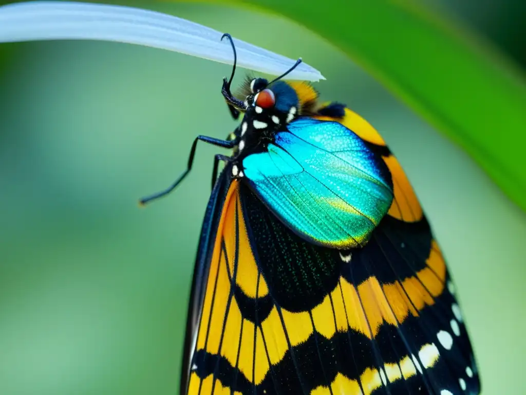 Maravillosa transformación de la vida: una mariposa emergiendo de su crisálida, con detalles vibrantes y patrones intrincados en sus alas