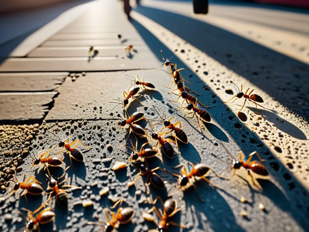 Vida urbana de hormigas: minúsculas exploradoras en la acera, reflejando la importancia de los hormigueros urbanos