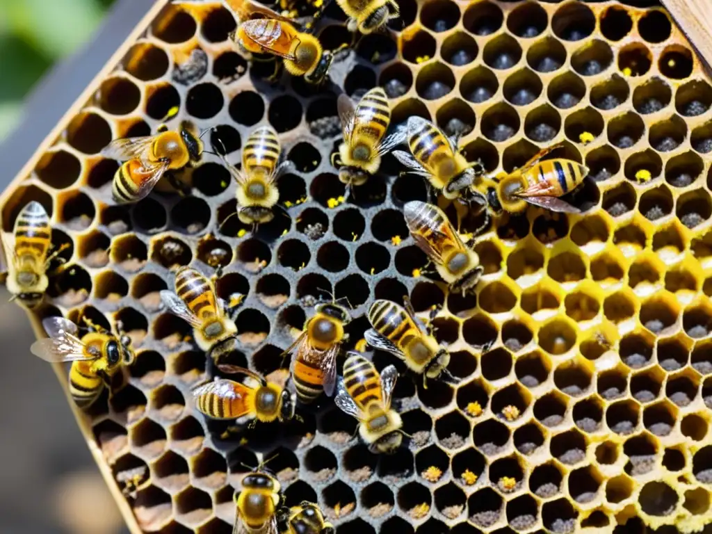 Vista cercana de una bulliciosa colmena urbana con abejas trabajando