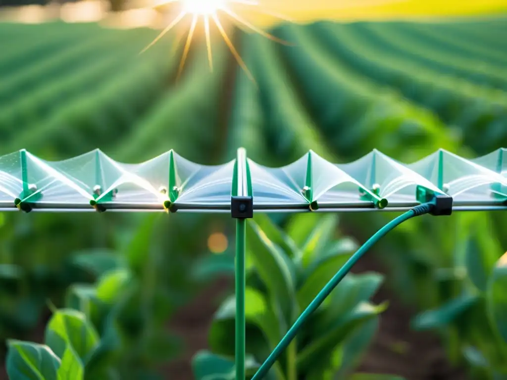 Vista cercana de una innovadora barrera física de alta tecnología protegiendo cultivos en un campo verde exuberante