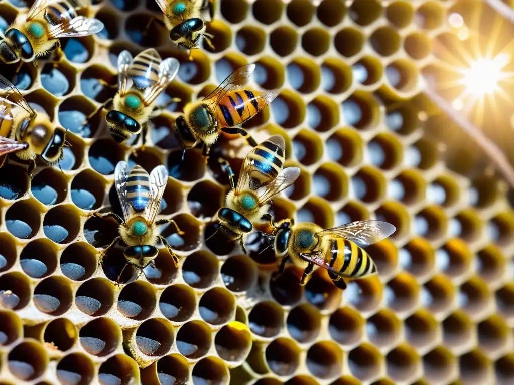 Vista cercana de zánganos en la colmena, mostrando su importancia ecológica en la sociedad de las abejas