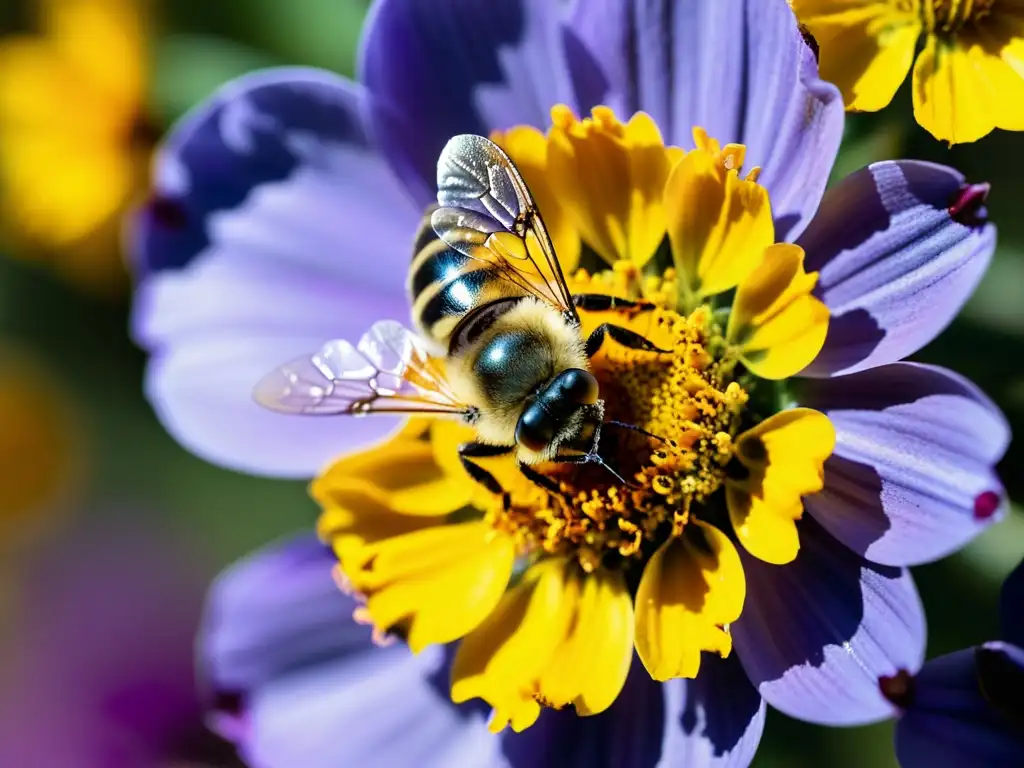 Bee cubierta de polen en detalle Vista detallada de una abeja cubierta de polen amarillo sobre estambre de flor