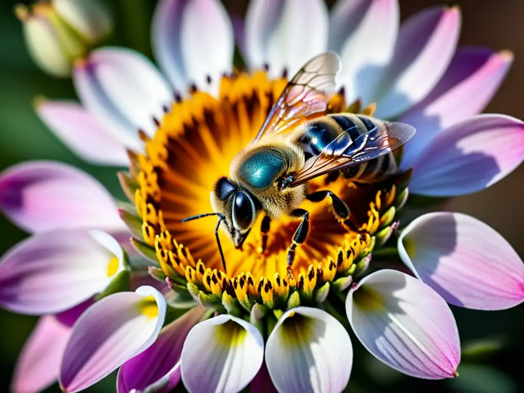 Detalle asombroso: Abeja recolectando néctar en flor Una vista detallada de una abeja recolectando néctar de una flor, simbiosis entre insectos y plantas
