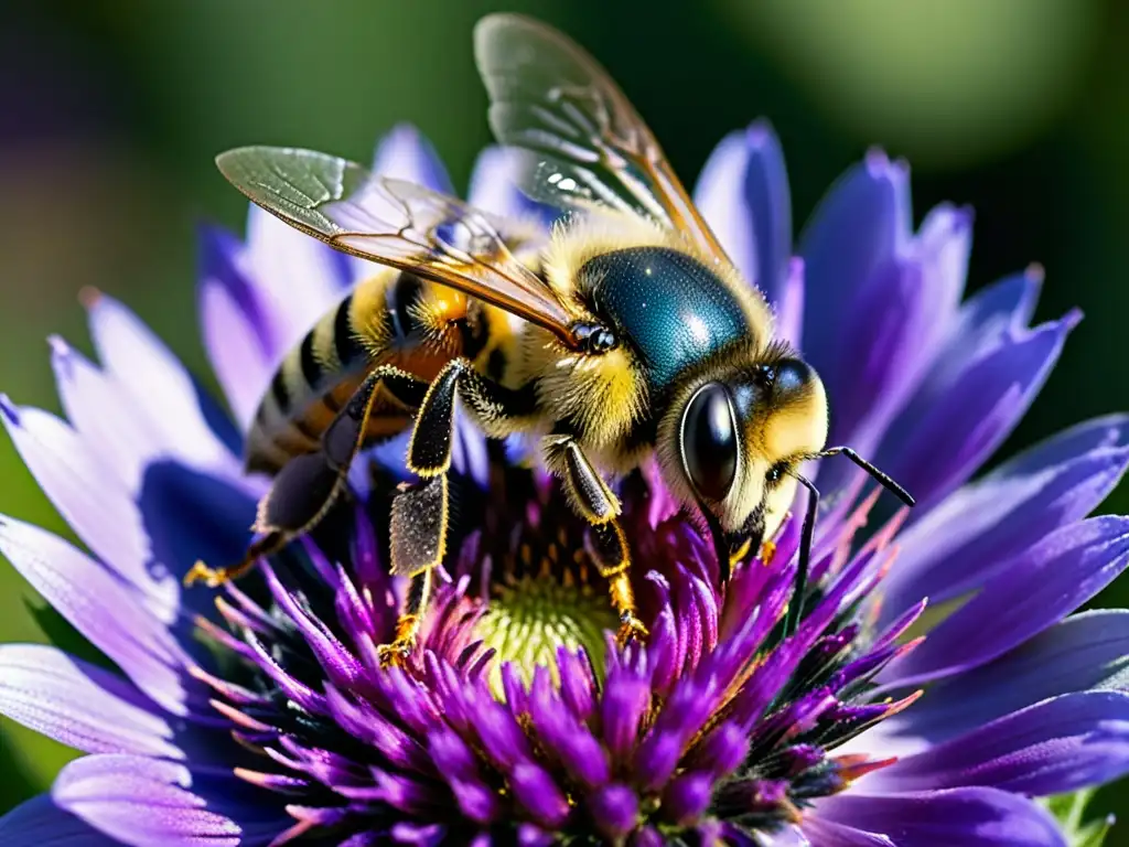 Una vista detallada de una abeja silvestre recolectando néctar de una flor morada